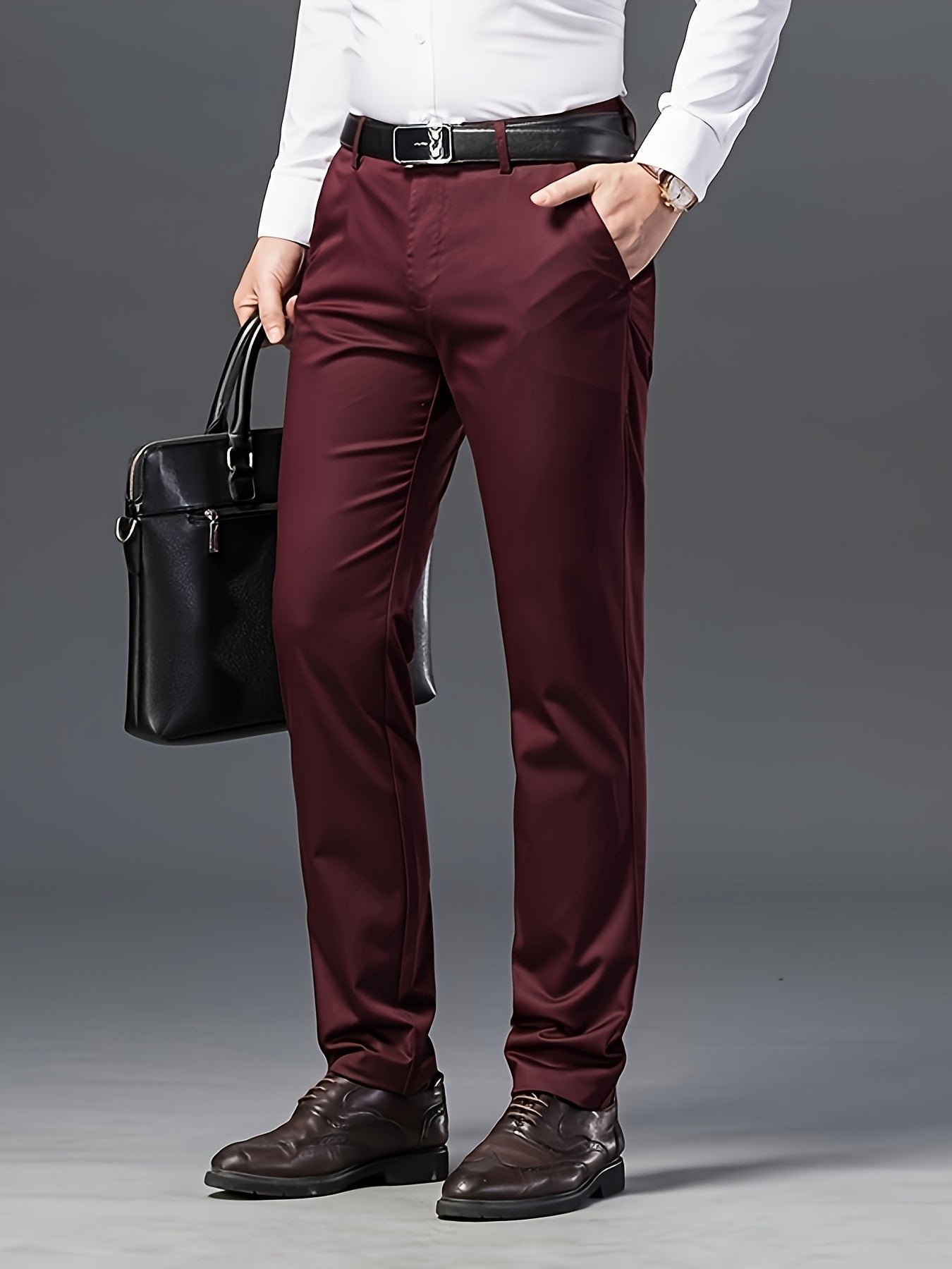 Solid Dress Pants For Men, Lightweight And Comfy Regular Fit And Cuffed Pants For All Seasons Business And Casual Wear