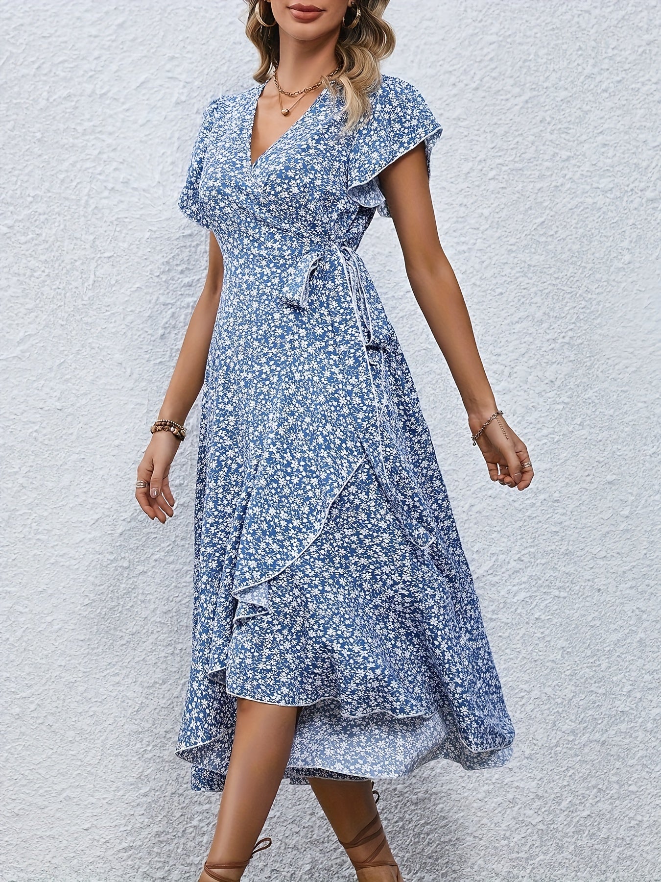 Floral Print Surplice Neck Tied Dress, Casual Flutter Sleeve Ruffle Hem Dress For Spring & Summer, Women's Clothing