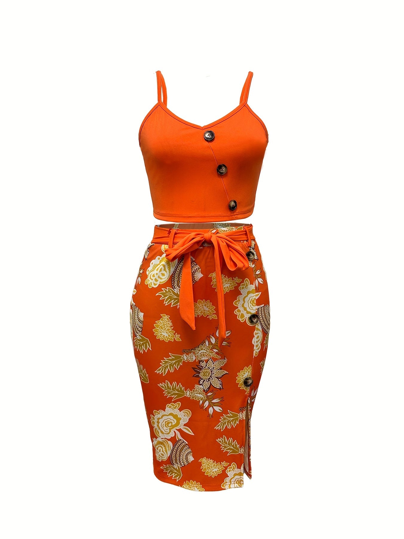 Vacation Floral Print Skirt Set, Solid Button Decor Crop Cami Top & Belted Split Bodycon Skirt Outfits, Women's Clothing