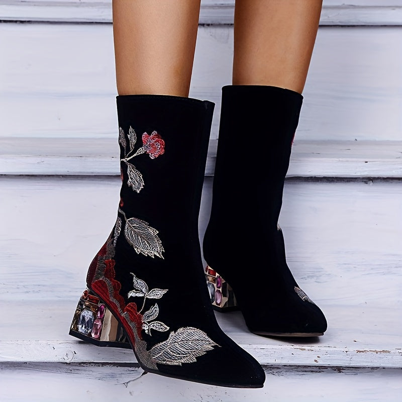 Women's Floral Embroidered Short Boots, Elegant Rhinestone Chunky Mid Heeled Boots, Fashion Baci Zipper Boots