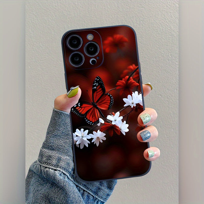 Red Butterfly Black Frosted TPU Protective Lens Protection Full-coverage Protective Phone Case Suitable For Apple 15/14/13/14/11/7/8