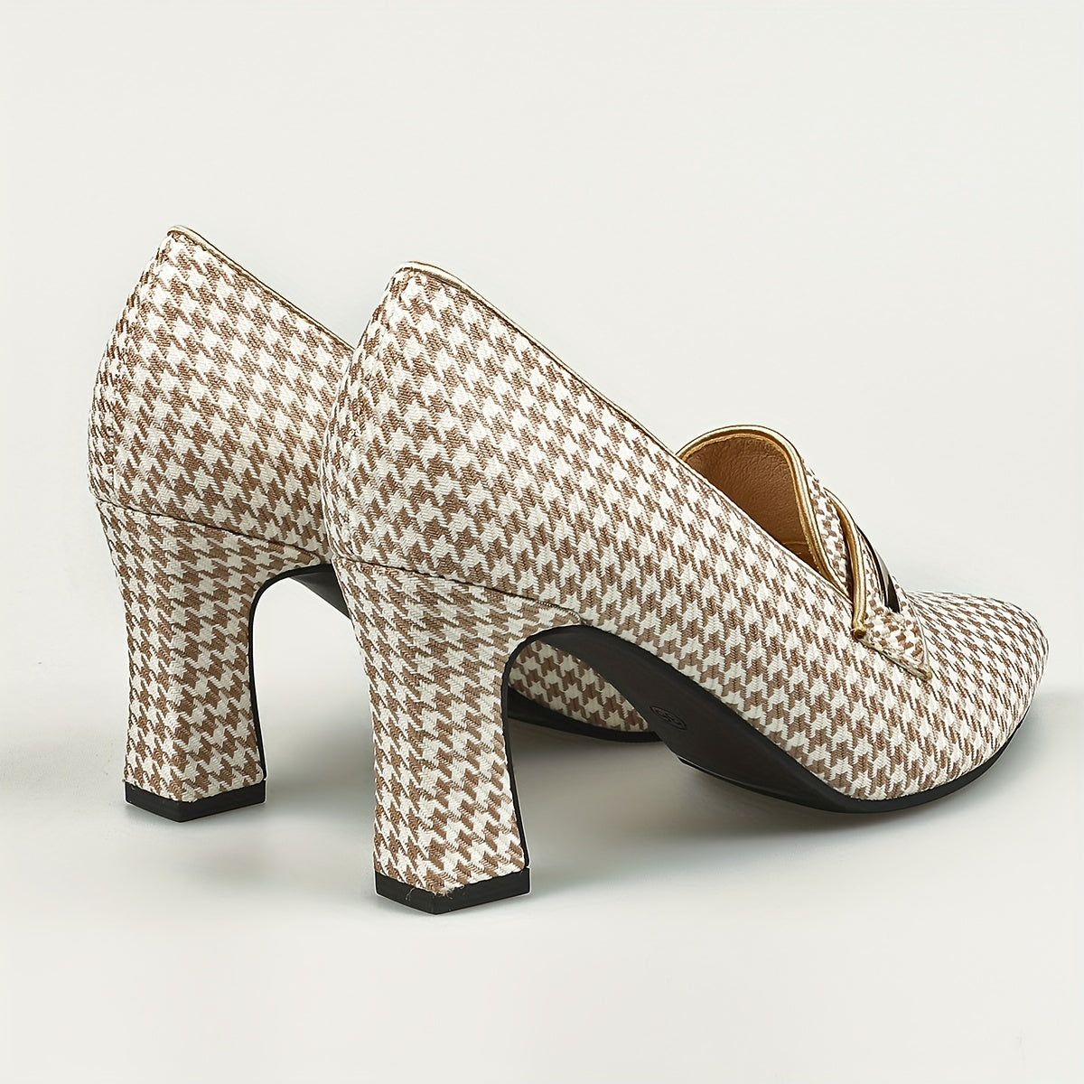 Women's Houndstooth Chunky Heels, Trendy Pointed Toe Slip On High Heels, Versatile Dressy Pumps