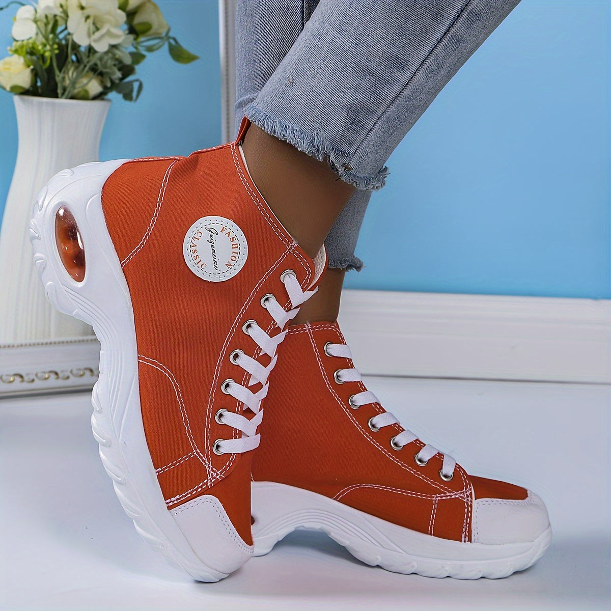 Women's High-Top Canvas Sneakers, Breathable Comfortable Chunky Shoes, Versatile Lace Up Platform Shoes