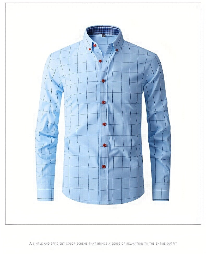 Men's Plaid Design Dress Shirts, Long Sleeve Casual Button Down Shirt For Formal Occasions