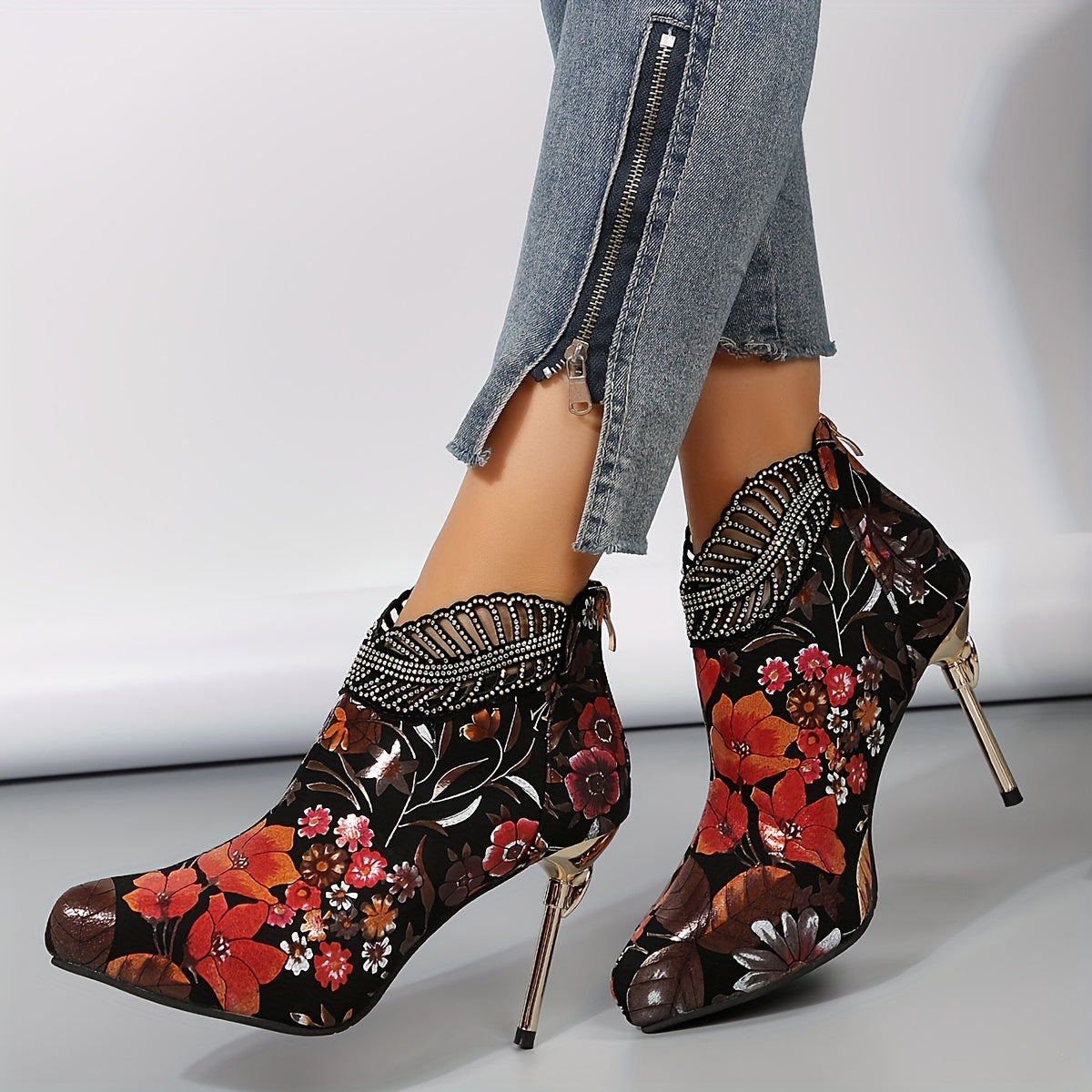 Women's Floral Pattern Platform Boots, Back Zipper Casual Stiletto Rhinestone Decor Shoes, Trendy Point Toe Boots