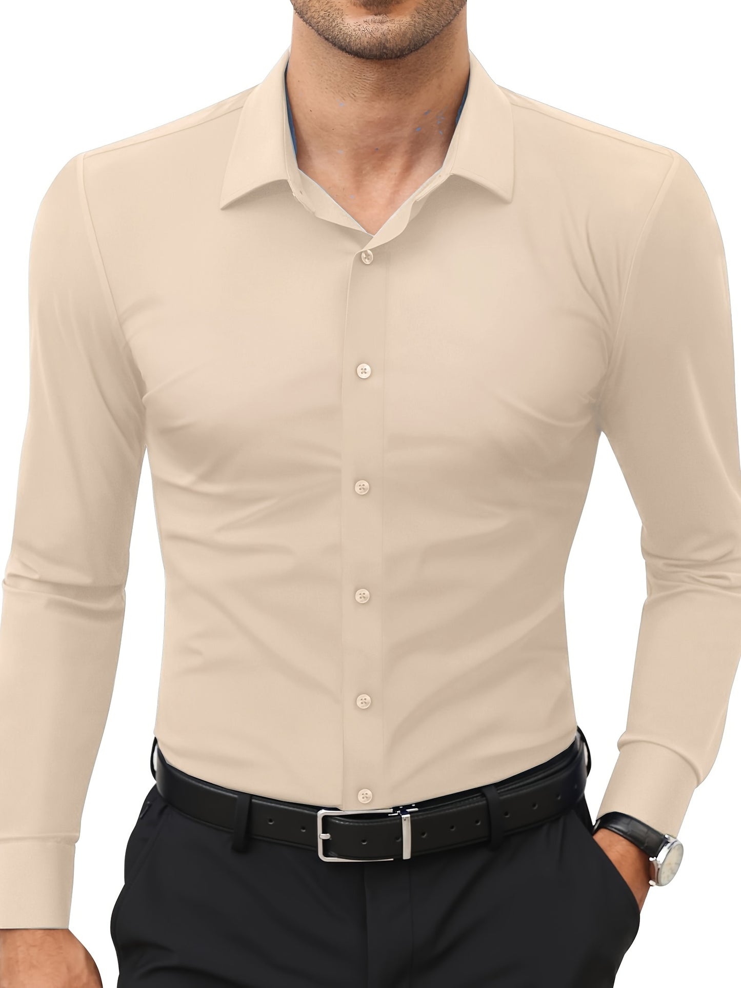 Basic Solid Men's Daily Stretch Formal Dress, Men's Slim Fit Long Sleeve Button Up Shirt, Spring Fall