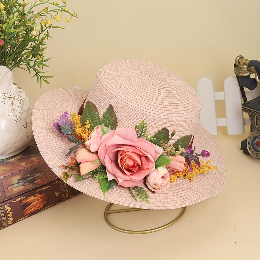 Handmade Flower Straw Hat Solid Color Elegant Beach Sunscreen Hat Small Top Hats Easter For Women