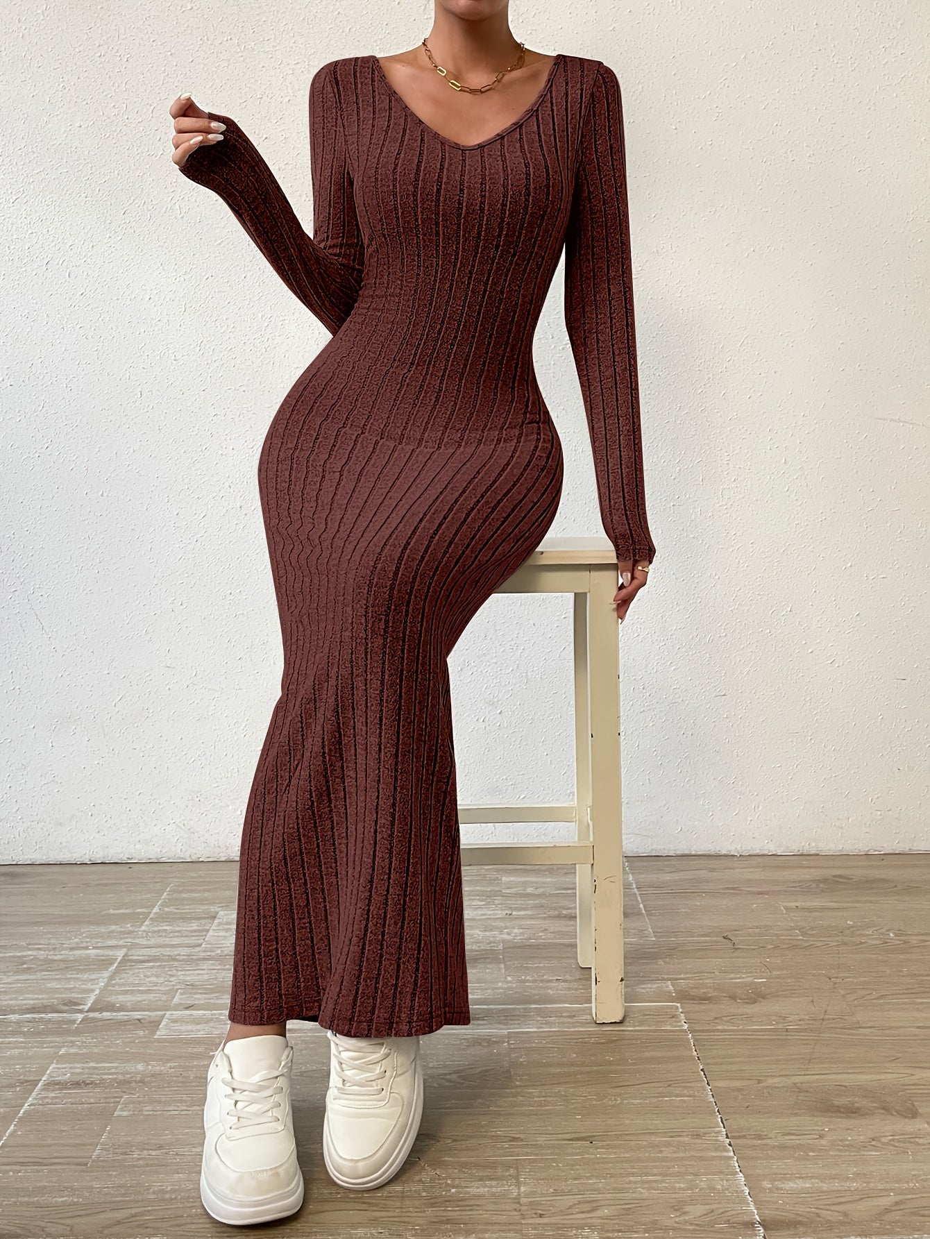 Ribbed Solid Dress, Casual Crew Neck Long Sleeve Maxi Dress, Women's Clothing