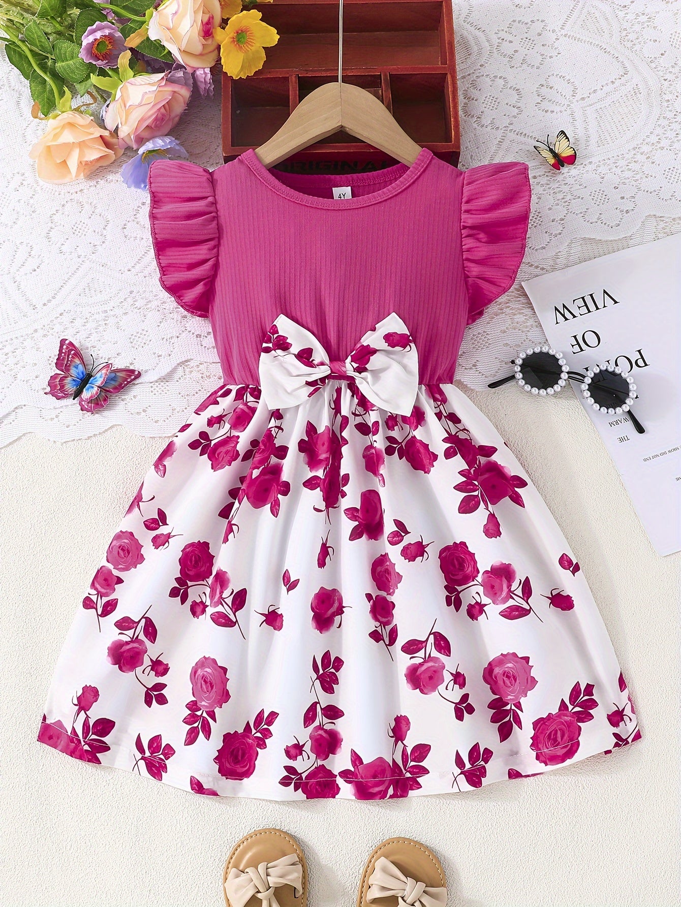 Elegant Rose Spliced Print Ruffle Sleeveless Dress For Girls, Bow Waist Color Spliced Casual Dresses, Gift