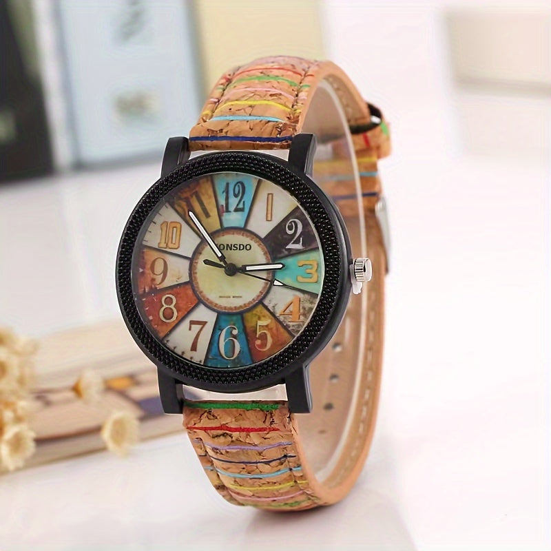 Women's Watch Retro Wood Grain Quartz Watch Color Block Fashion Analog PU Leather Wrist Watch