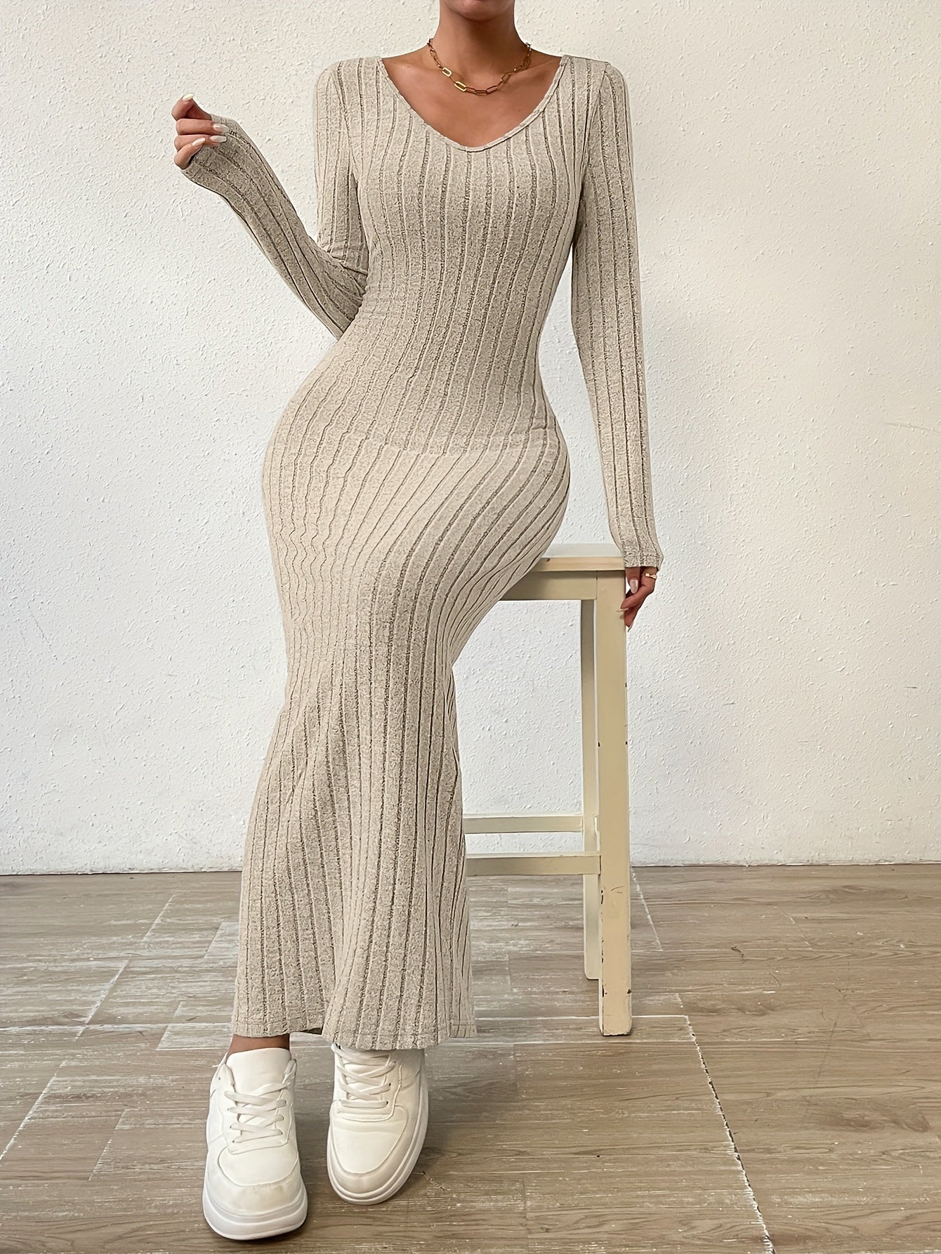 Ribbed Solid Dress, Casual Crew Neck Long Sleeve Maxi Dress, Women's Clothing