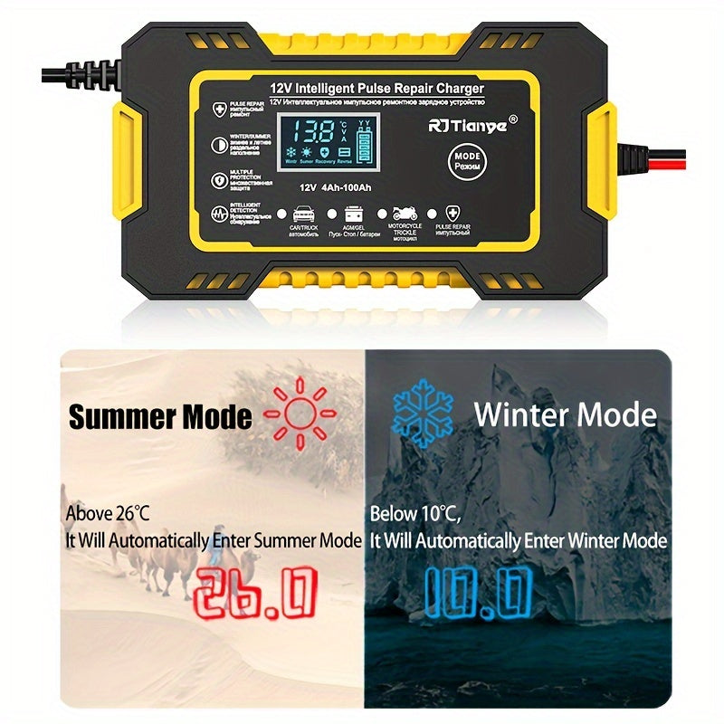 Car Battery Charger, 12V 2Ah-100Ah Smart Battery Trickle Charger Automotive Battery Maintainer Desulfator With Temperature Compensation