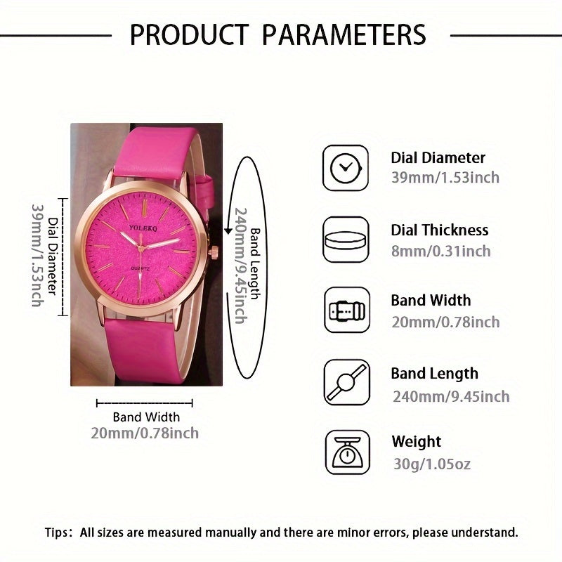 5pcs/set Shiny Pink Fashion Quartz Watch PU Leather Wrist Watch & Synthetic Gem Jewelry Set, Valentine's Day Gifts For Women Her