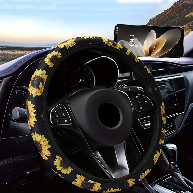 Creative Sunflower Flower Car Steering Wheel Cover, Four Seasons Universal Car Supplies Handlebar Cover, No Inner Ring Elastic Strap Handlebar Cover