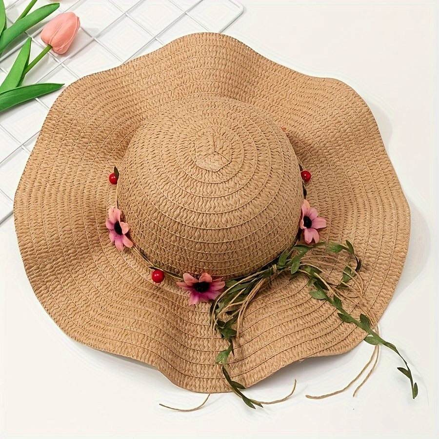 Summer Sun Protection Straw Hat for Women with Floral & Fruit Accents - Paper Wide-Brim Bohemian Garden Style Hat, Inelastic, Non-Washable, Seasonal Occasion Theme With Sun Shield - Pack of 1