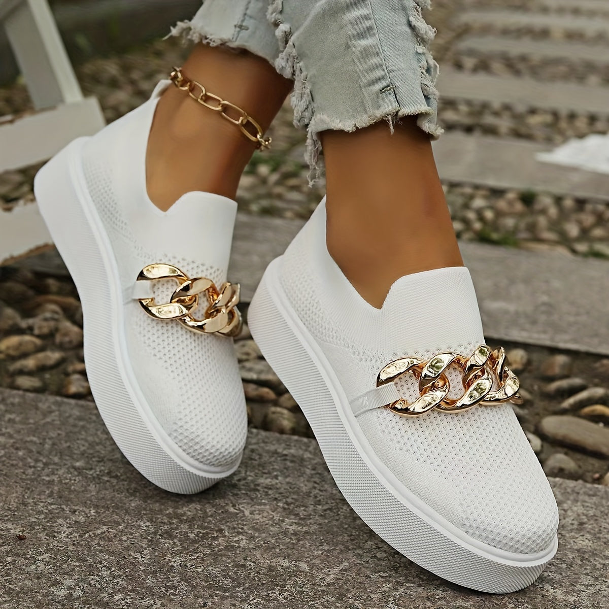 Women's Metallic Chain Sneakers, Slip On Platform Leopard Soft Sole Shoes, Breathable Daily & Sporty Wear