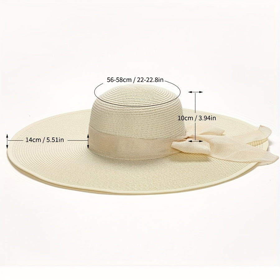 Women's Summer Beach Wide Brim Sun Hat – Elegant Ribbon Bow, Woven Paper Straw Cap for UV Protection, Vacation Travel Essential, Non-elastic – Crafted for Durability and Comfort