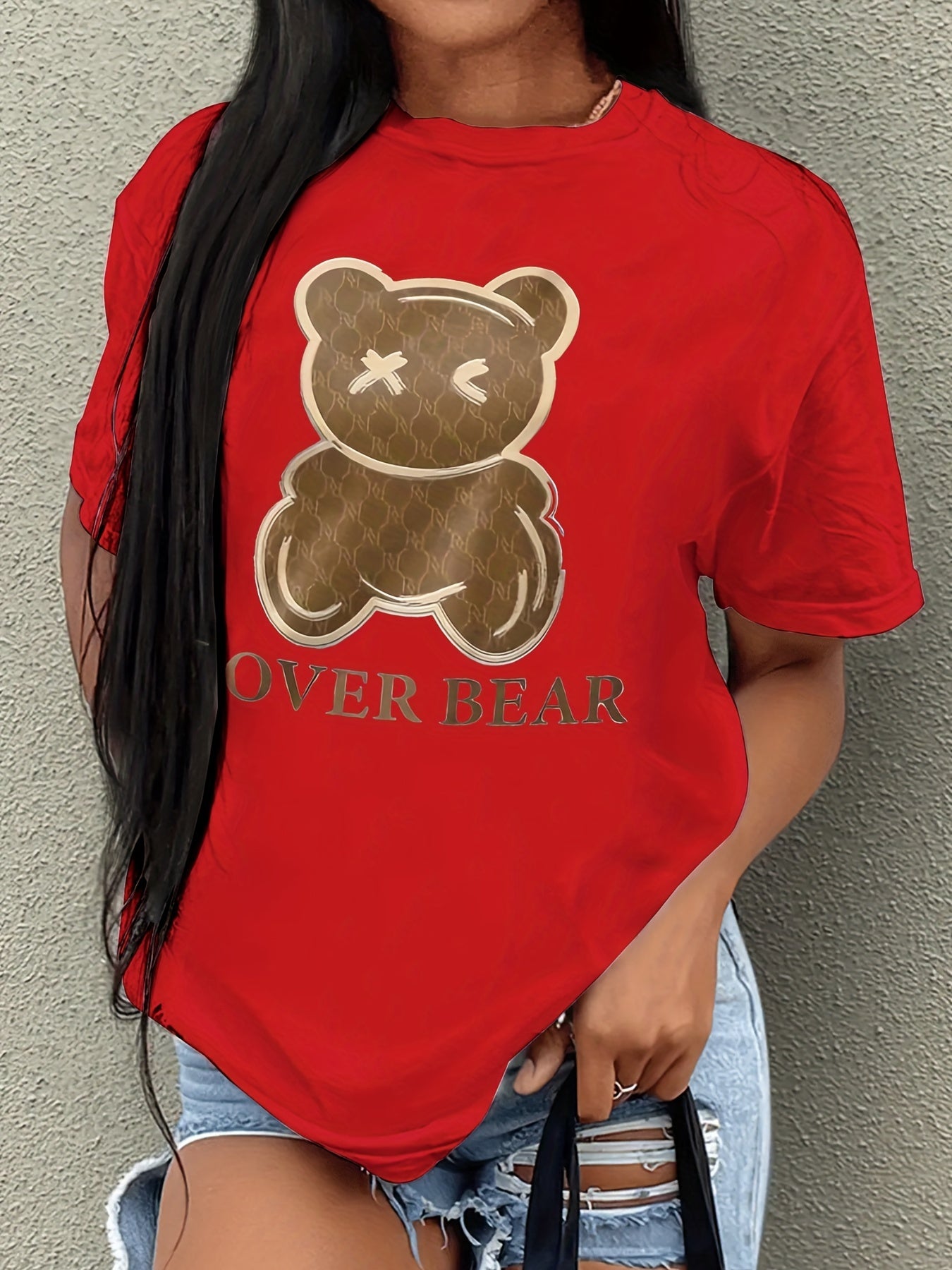 Lover Bear Print T-Shirt, Short Sleeve Crew Neck Casual Top For Summer & Spring, Women's Clothing