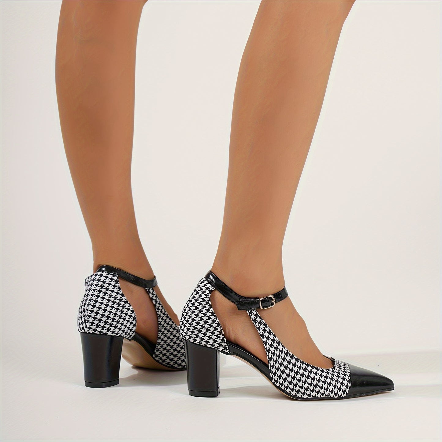 Women's Pointed Toe Pumps, Fashion Houndstooth D'Orsay Heels With Ankle Strap, Chic Contrast Color Block Heels