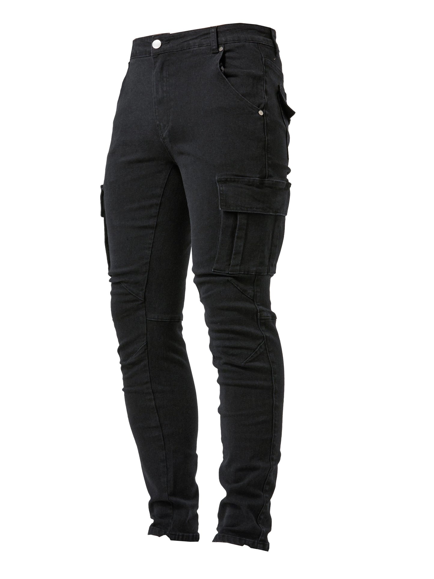 Slim Fit Multi Pocket Jeans, Men's Casual Street Style High Stretch Denim Cargo Pants