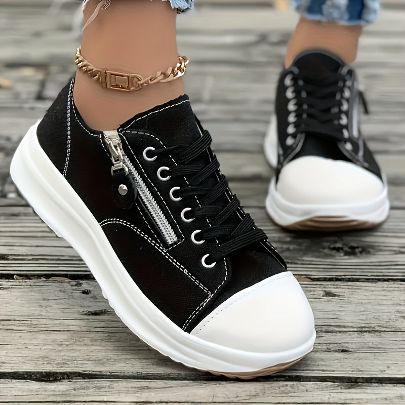 Women's Platform Canvas Sneakers, Solid Color Lace Up Low Top Walking Trainers, Casual Outdoor Sports Shoes