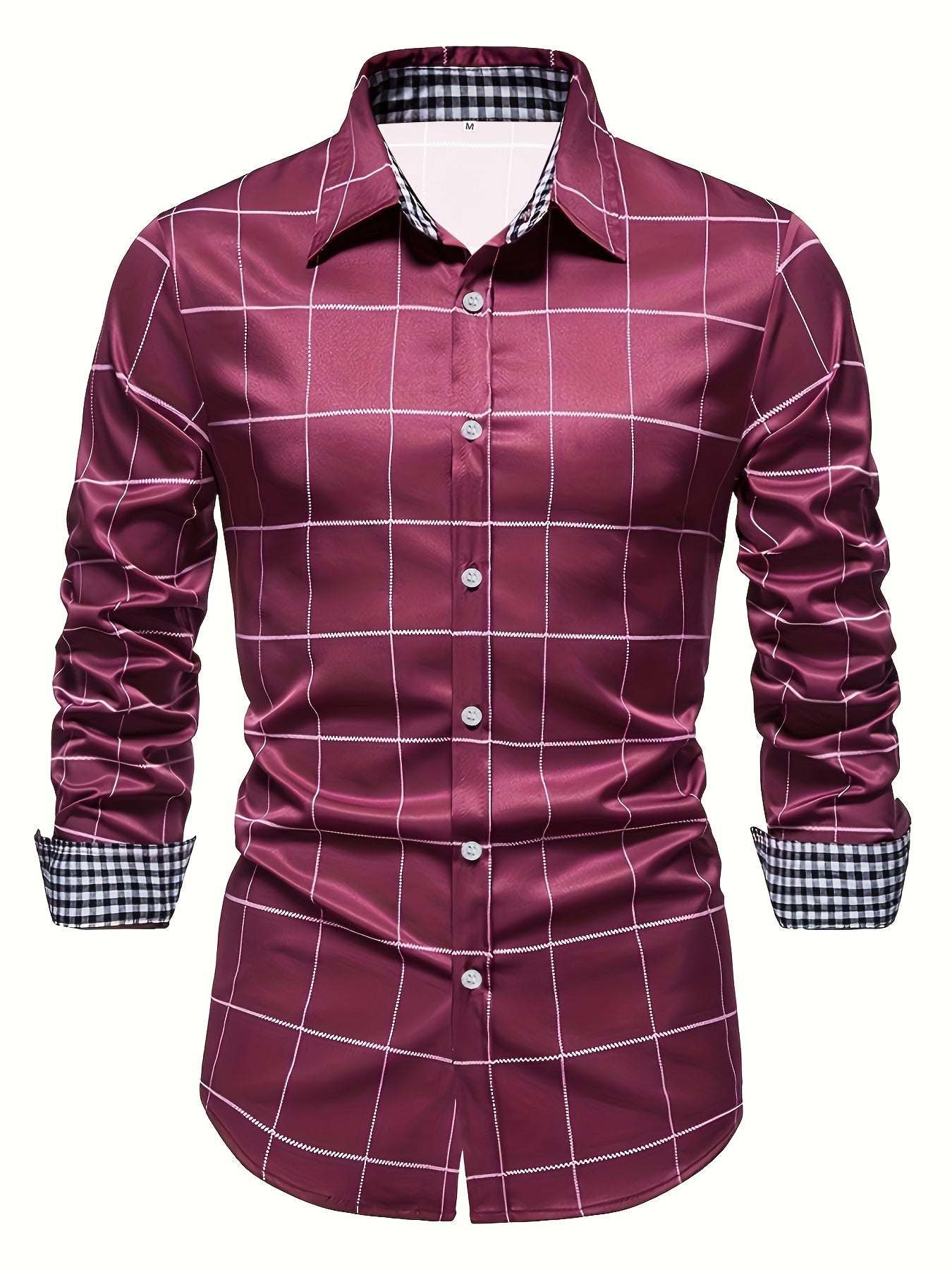 Men's Plaid Lapel Collar Design Dress Shirts, Long Sleeve Casual Button Up Shirt For Formal Occasions