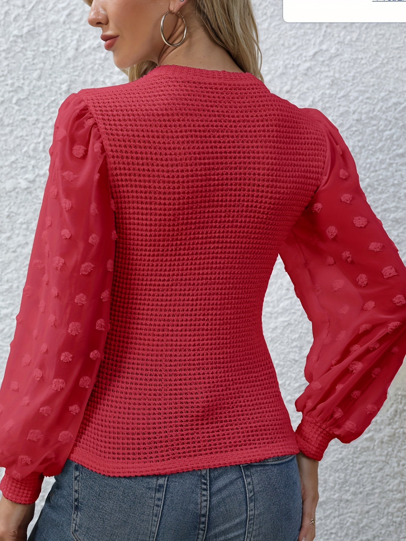 Swiss Dot Mock Neck Blouse, Casual Long Lantern Sleeve Blouse For Spring & Fall, Women's Clothing