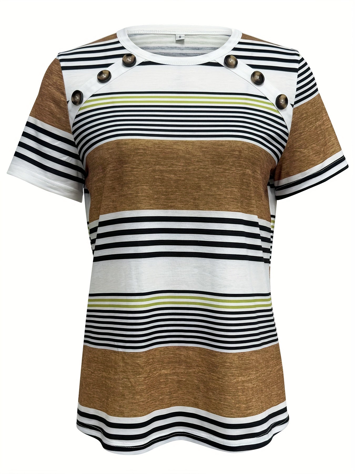 Striped Print Short Sleeve T-shirt, Casual Button Front Crew Neck Top For Spring & Summer, Women's Clothing