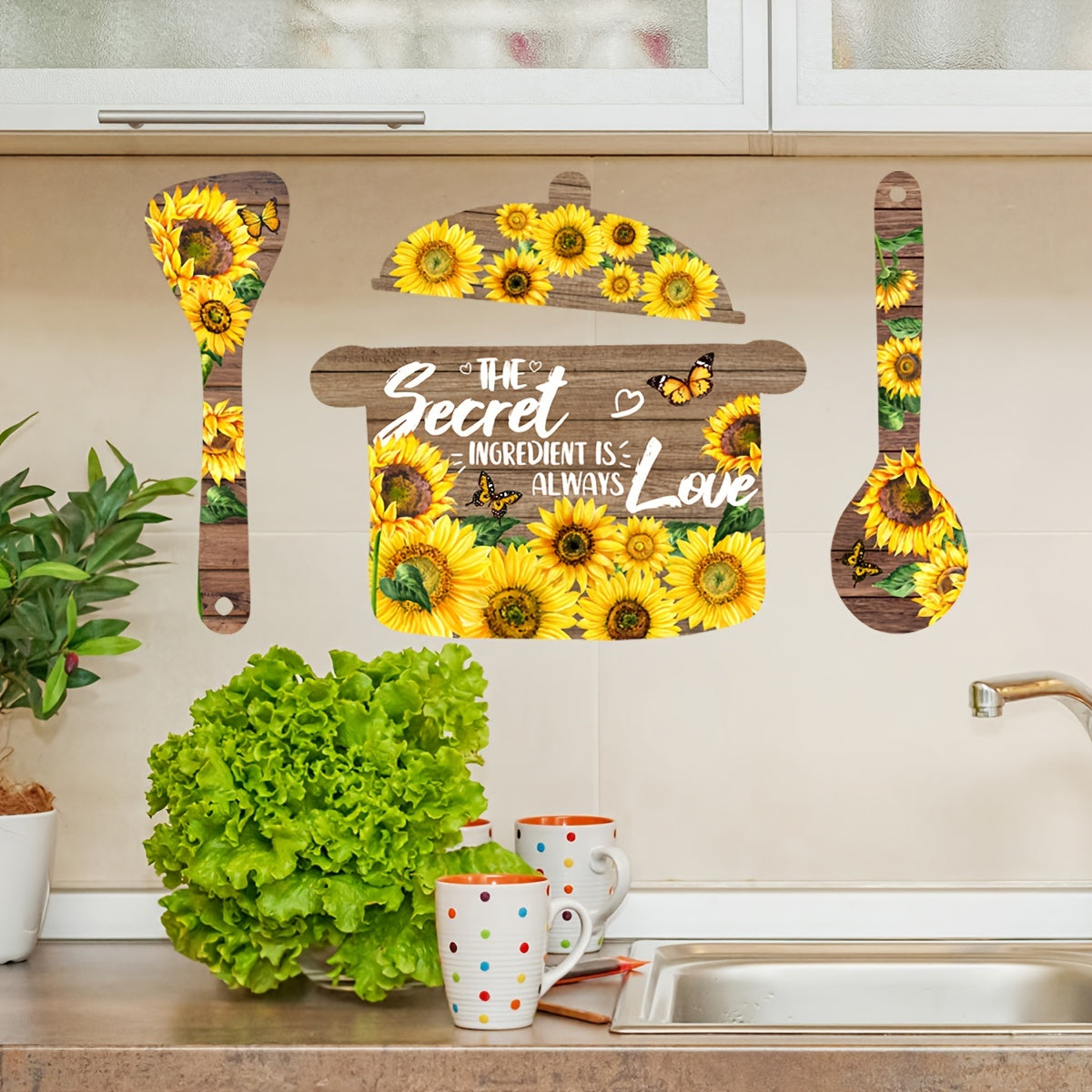 1 Set Creative Wall Sticker, Pot Spoon Sunflower Pattern Self-Adhesive Wall Stickers, Kitchen Entryway Living Room Porch Home Decoration Wall Stickers, Removable Stickers, Wall Decor Decals