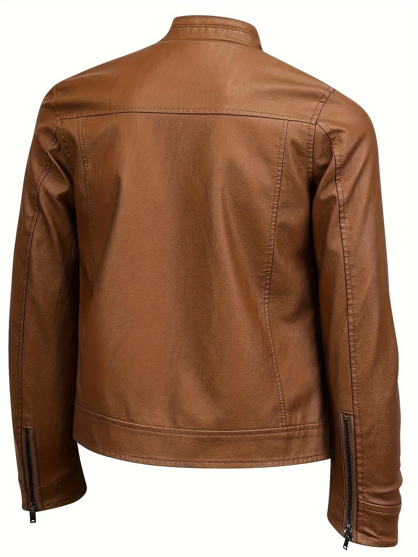 Men's PU Leather Jacket With Multi Zipper Pockets, Casual Stand Collar Zip Up Long Sleeve Jacket For Outdoor