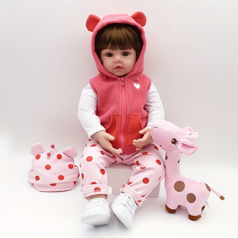 19 Inch/ 48 Cm Soft Vinyl Reborn Doll, Lovely Baby Girl With Hairwig In Pink Clothes And A Plush Giraffe Toy, Halloween/Thanksgiving Day/Christmas gift Carnival