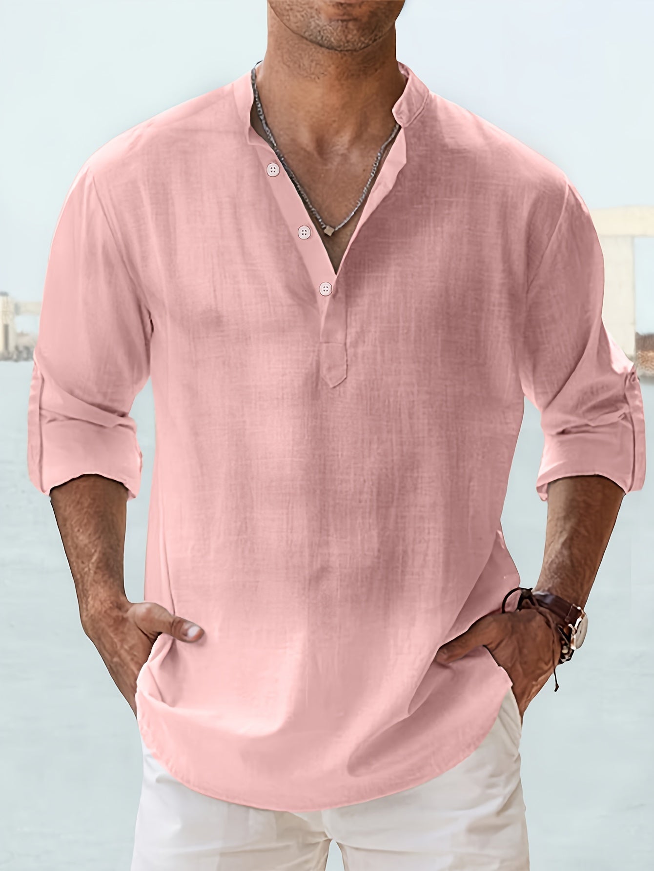 Casual All-match Men's Solid Long Sleeve Shirt With Button & Boat Neck, Spring Fall Outdoor