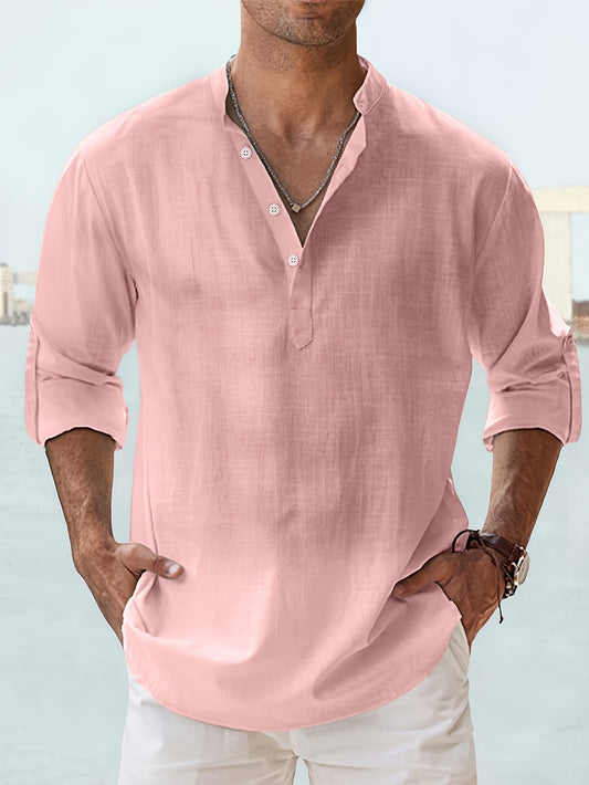 Casual All-match Men's Solid Long Sleeve Shirt With Button & Boat Neck, Spring Fall Outdoor