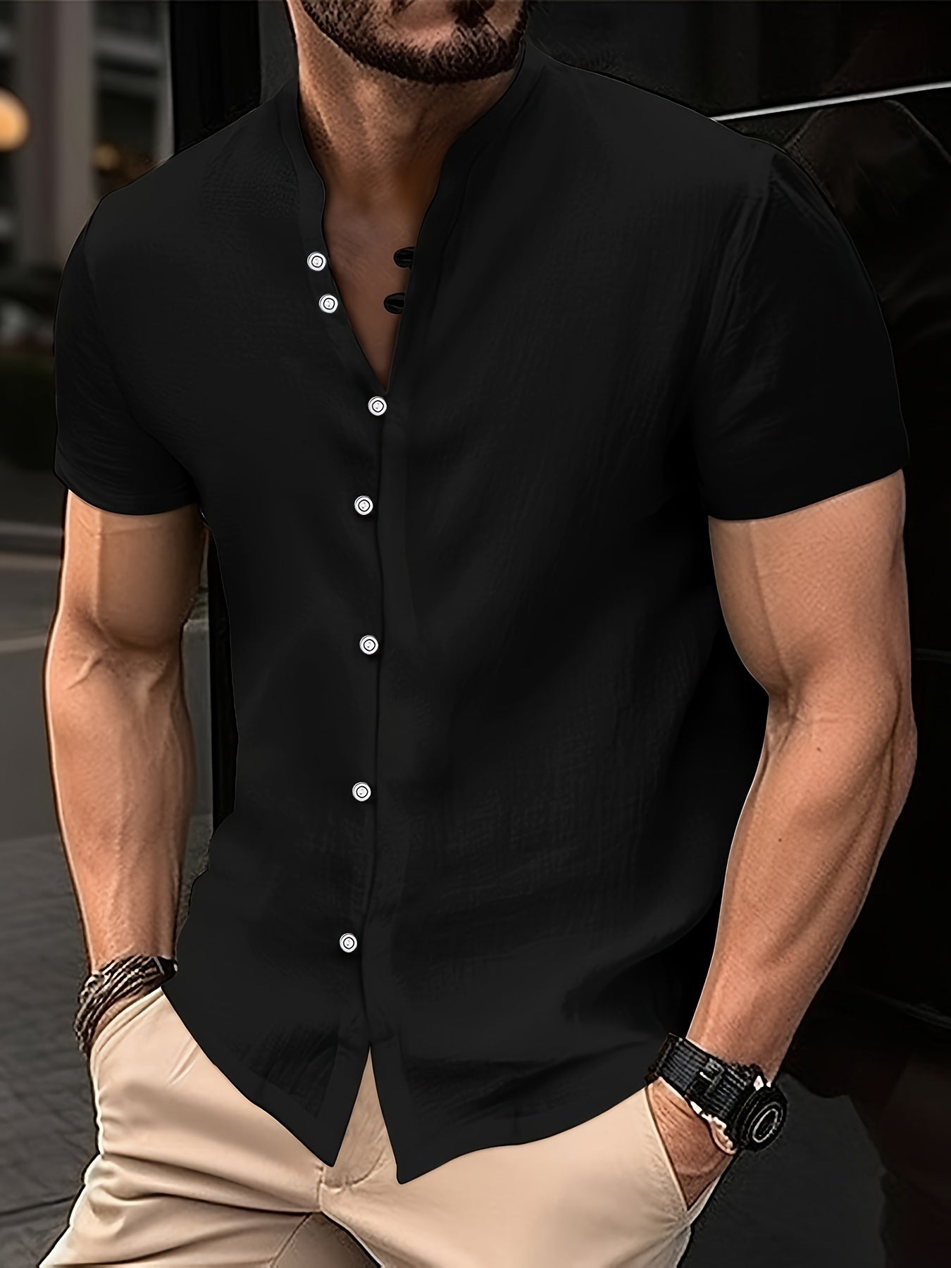 Men's Solid Short Sleeve Button Down Stand Collar Henley Shirt For Summer Resort Holiday, Hawaiian Style