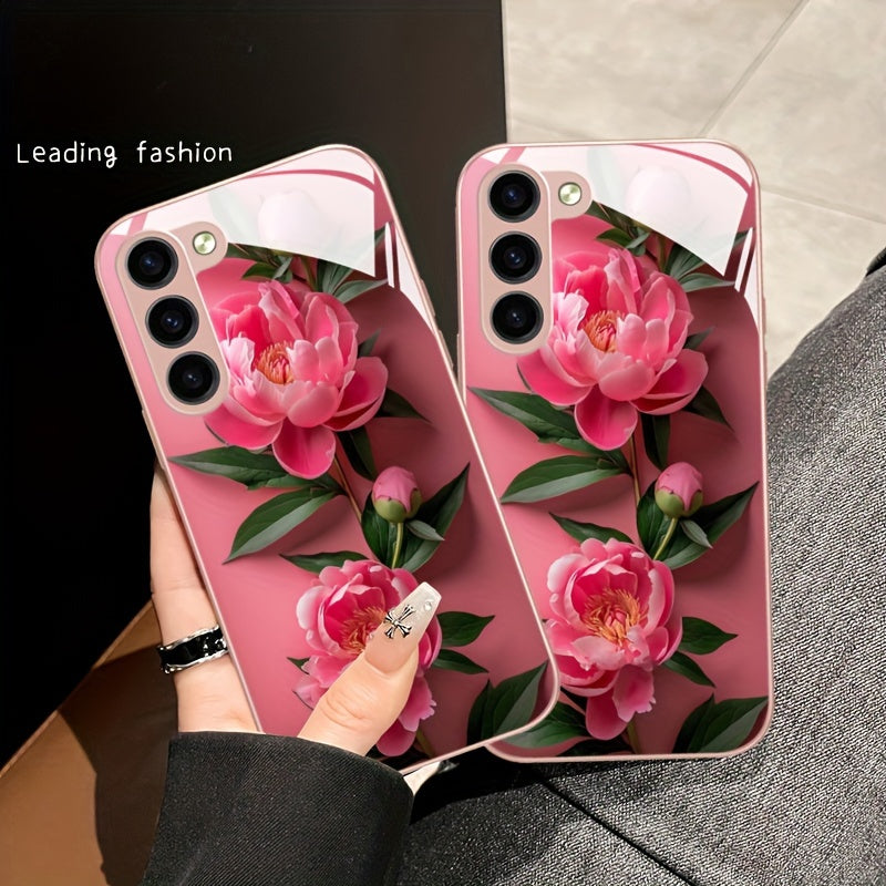 Pink Flower Glass Phone Case For SamSung For Galaxy Series - S24/S24 Plus/S24 Ultra, S23/S23 Plus/S23 Ultra, S22/S22 Plus/S22 Ultra, S21/S21 Plus/S21 Ultra/S21 FE, S20/S20 Plus/S20 Ultra, A03/A04, A13/A14/A22/A23/A25, A32/A33