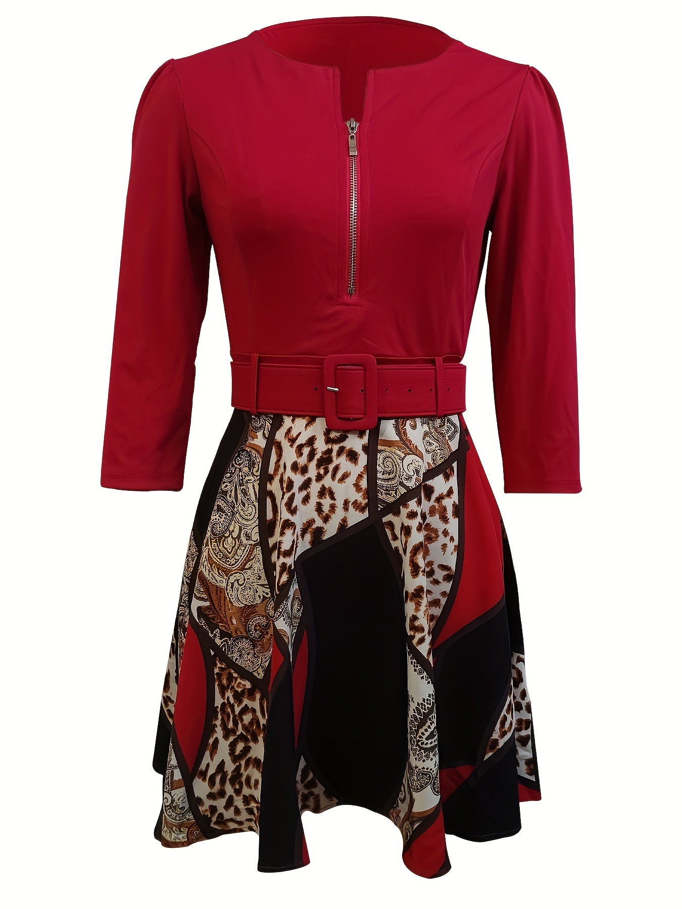 Solid Color Upper Body With Leopard Print Skirt Patchwork Dress, Casual Half Zipper 3/4 Sleeve Dress, Women's Clothing