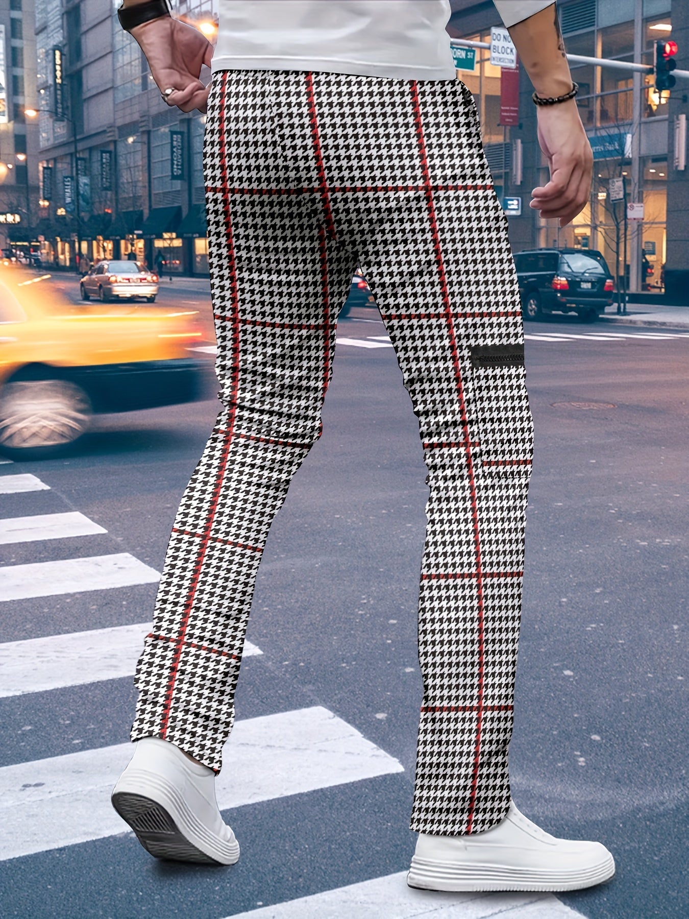 Men's Chic Style Houndstooth Print Cargo Pants, Casual Outdoor Multi-Pocket Pants For Street Wear, Spring And Fall