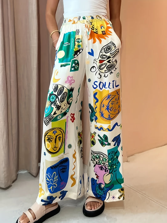 Graphic Print Elastic Waist Straight Leg Pants, Casual Dual Pockets Pants, Women's Clothing