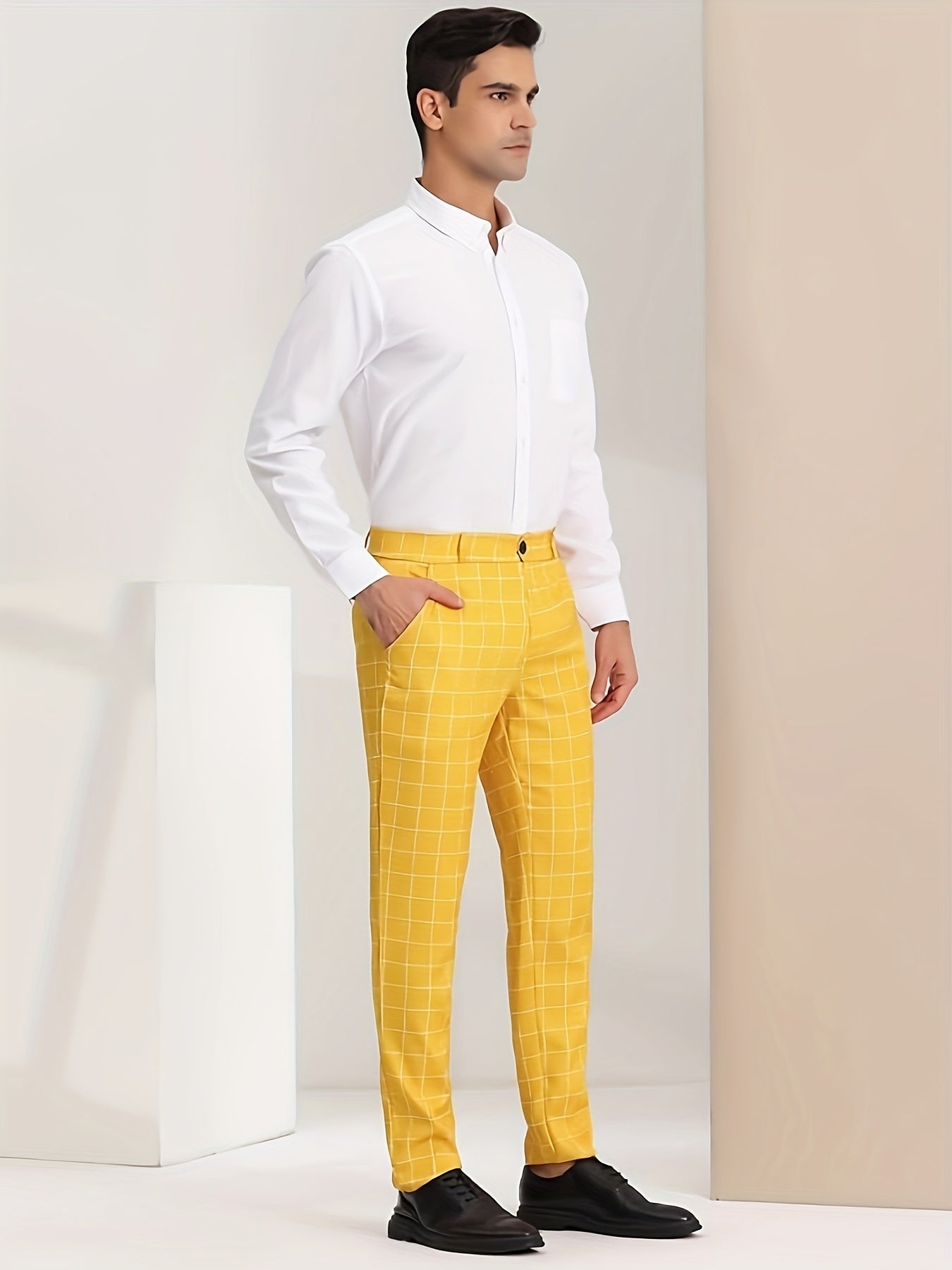 Palid Pattern Design Dress Pants, Men's Casual Slightly Stretch Dress Pants For All Seasons