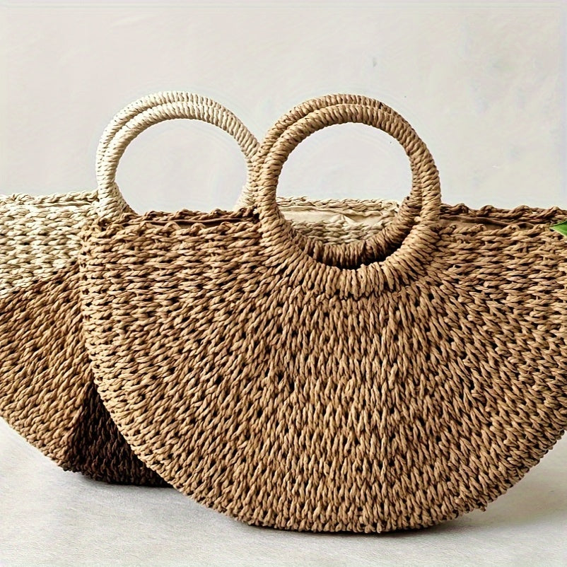 Vintage Straw Woven Handbags, Boho Style Crossbody Bag, Half Round Summer Beach Bag