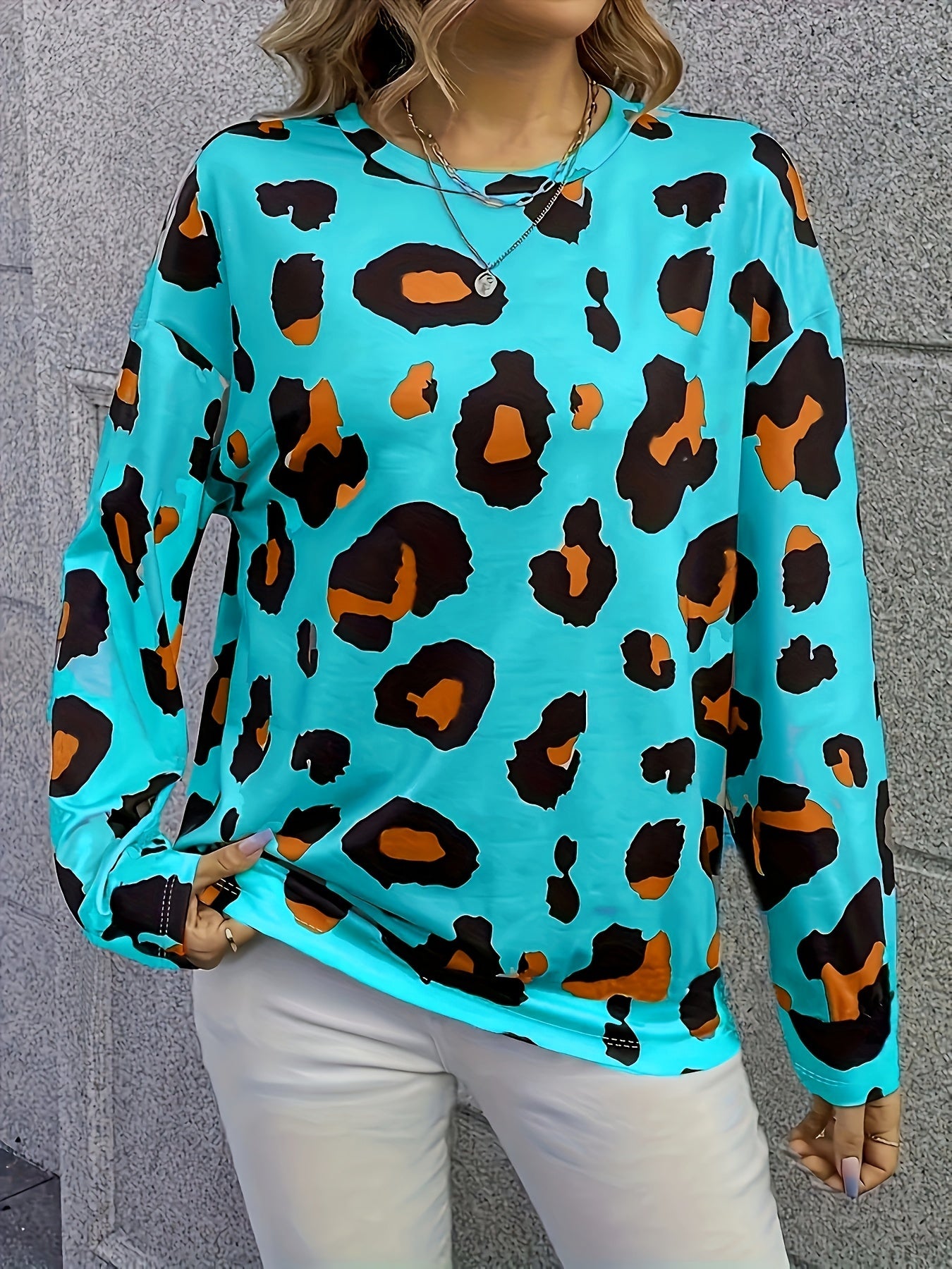 Elegant Leopard Print Long Sleeve T-Shirt For Women - Crew Neck, Stretchy Polyester & Spandex Blend, Machine Washable