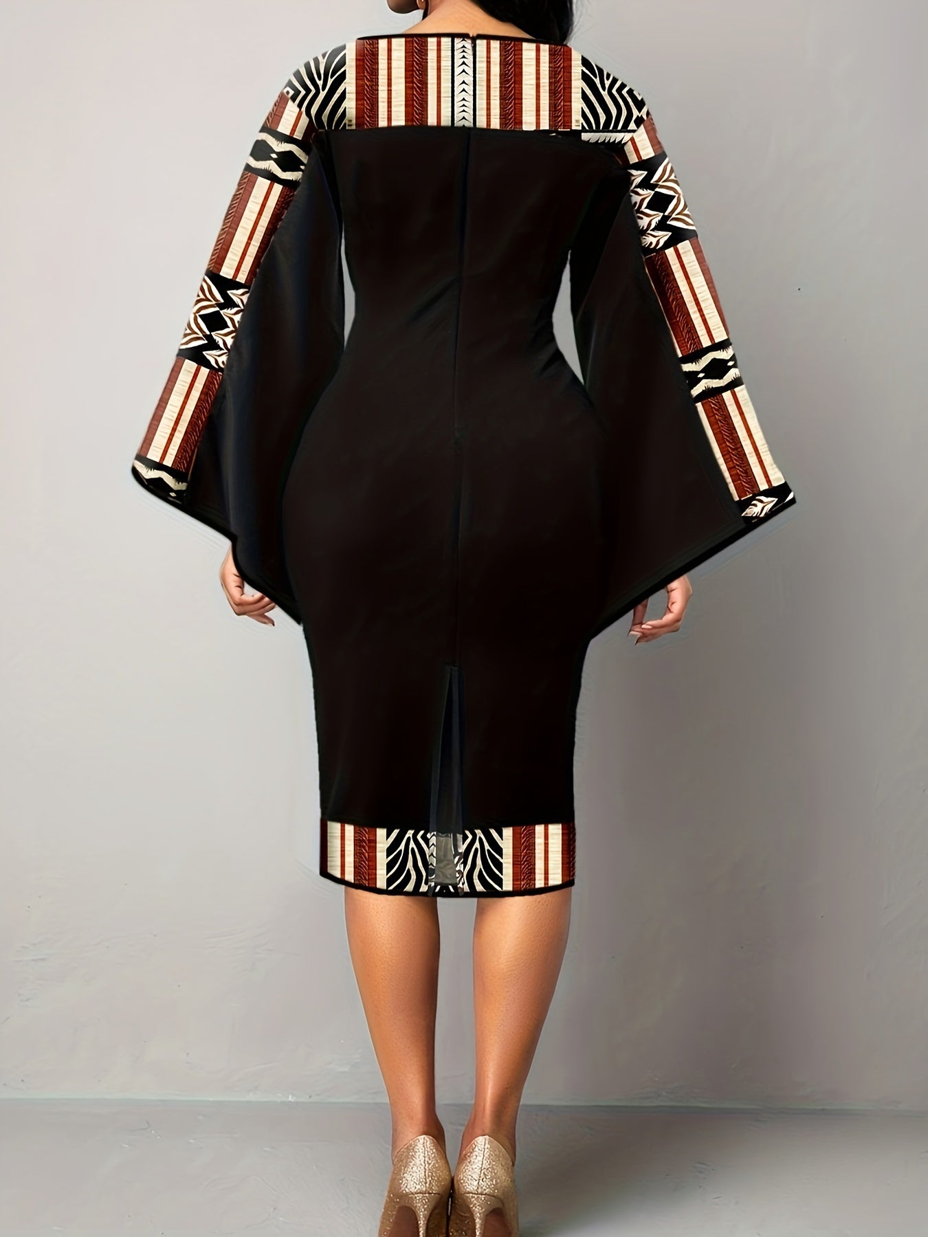 Ethnic Graphic Keyhole Dress, Boho Flared Long Sleeve Midi Dress, Women's Clothing