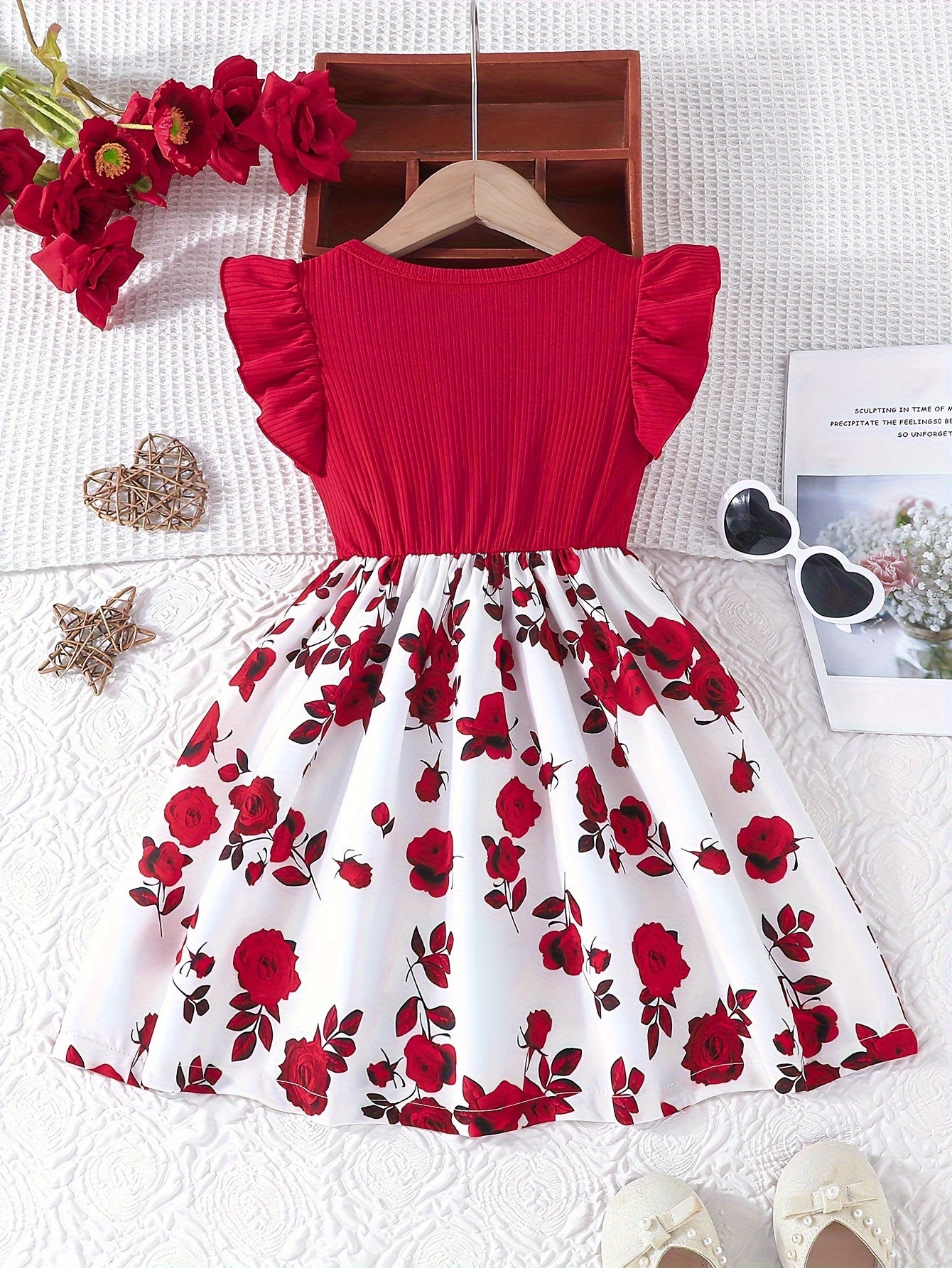 Elegant Rose Spliced Print Ruffle Sleeveless Dress For Girls, Bow Waist Color Spliced Casual Dresses, Gift