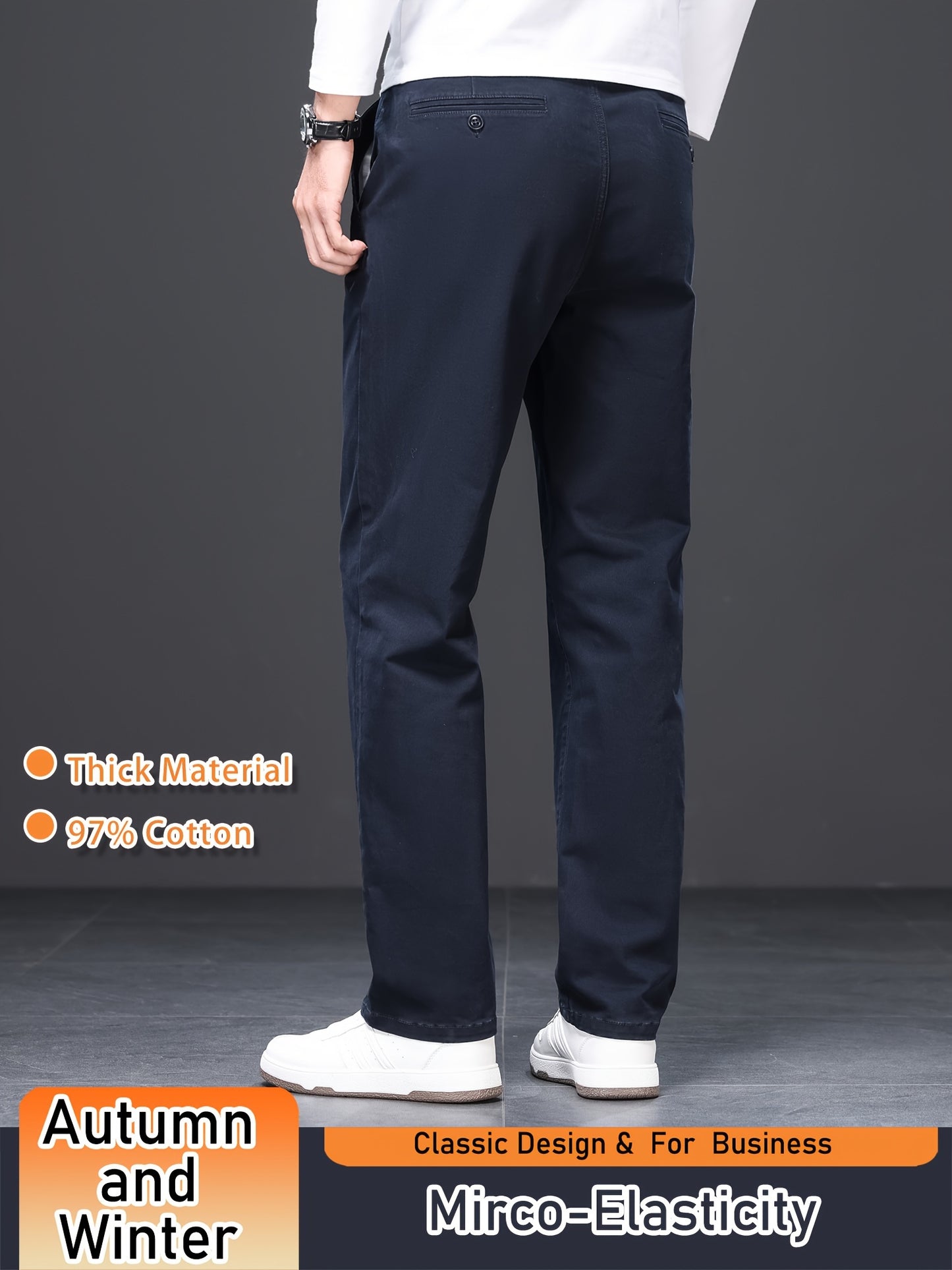 Men's Business Casual Trousers, Thickened Autumn/Winter Warm Straight-Leg Pants, Cotton Blend, Light Business Style, Stretch Fabric, Solid Color, Regular Fit, Mid-Waist, Regular Length, Woven Fabric