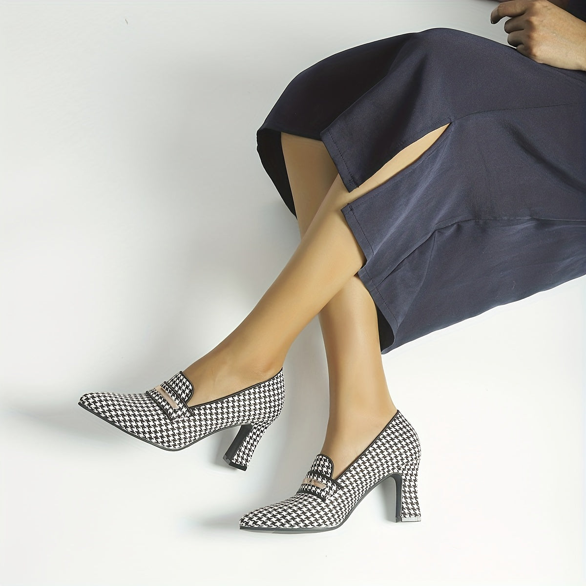 Women's Houndstooth Chunky Heels, Trendy Pointed Toe Slip On High Heels, Versatile Dressy Pumps