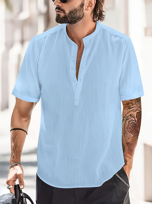 Men's Solid Short Sleeve Stand Collar Button-up Henley Shirt, Suit For Summer Holiday, Leisurewear