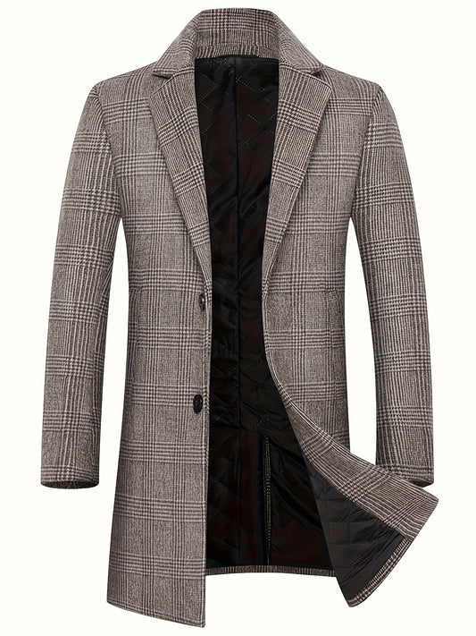 Men's Classic British-Style Wool Blend Overcoat - Thick, Casual & Business Plaid Jacket for Fall/Winter