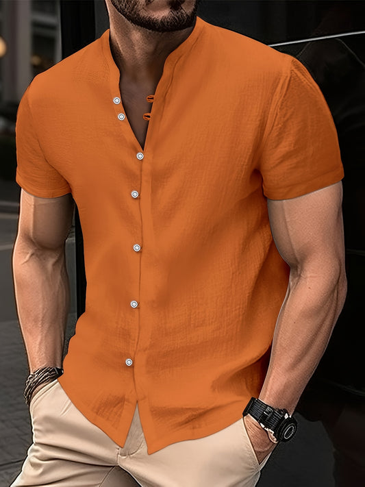 Men's Solid Short Sleeve Button Down Stand Collar Henley Shirt For Summer Resort Holiday, Hawaiian Style