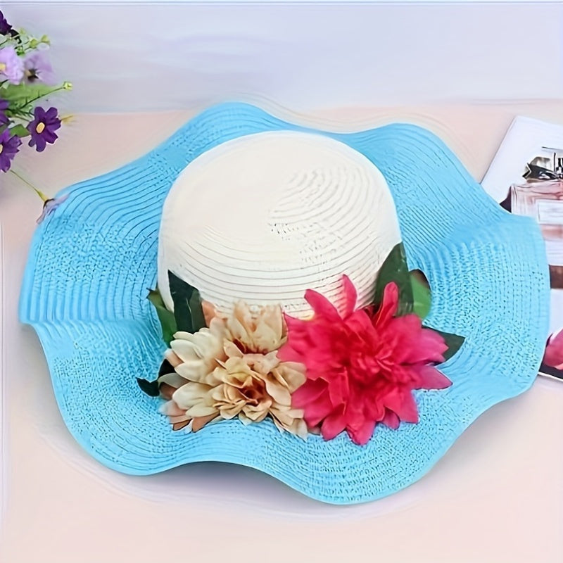 Women's Summer Wide Brim Sun Hat with Flower Accents, Paper Straw Beach Hat, Easter Holiday Stripe Crafted, Non-Elastic Toggle Closure, UV Protection - Pack of 1