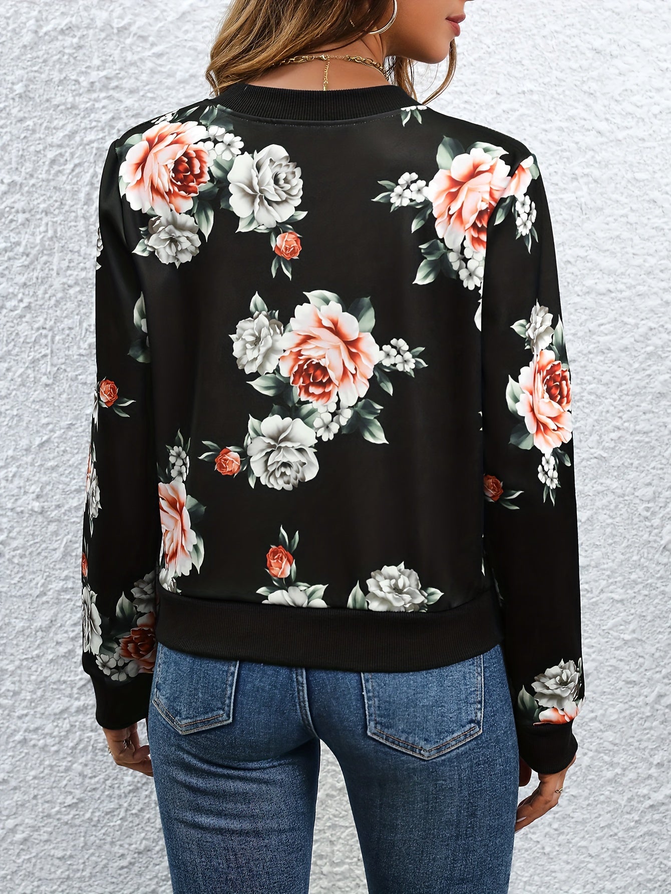 Floral Print Zip-up Jacket, Casual Long Sleeve Jacket For Fall & Winter, Women's Clothing